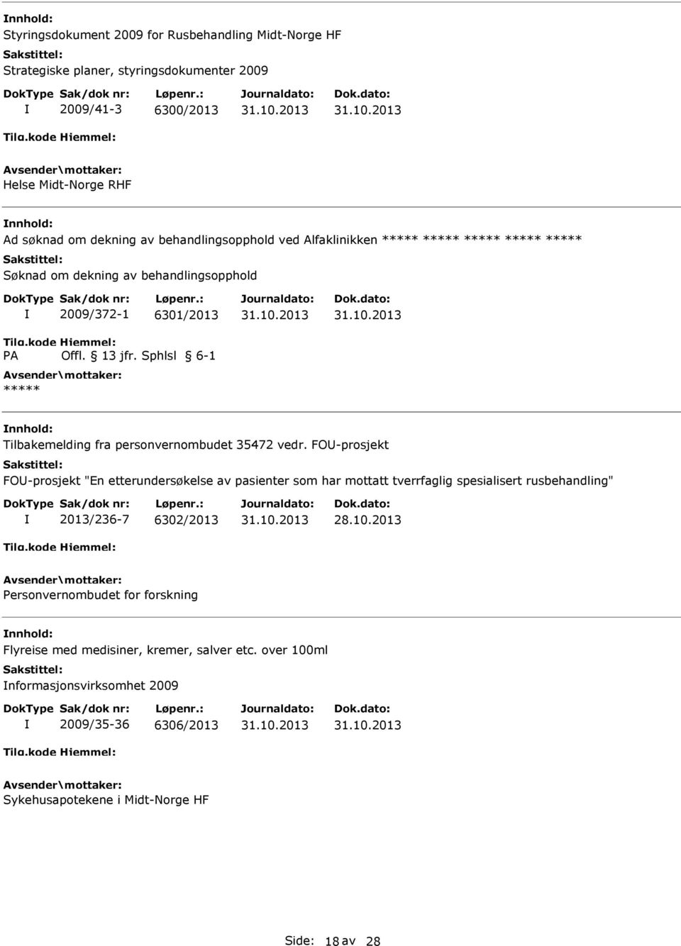 FO-prosjekt FO-prosjekt "En etterundersøkelse av pasienter som har mottatt tverrfaglig spesialisert rusbehandling" 2013/236-7 6302/2013 Personvernombudet