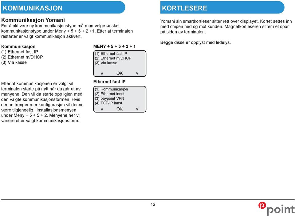 displayet. Kortet settes inn med chipen ned og mot kunden. Magnetkortleseren sitter i et spor på siden av terminalen. Begge disse er opplyst med ledelys.