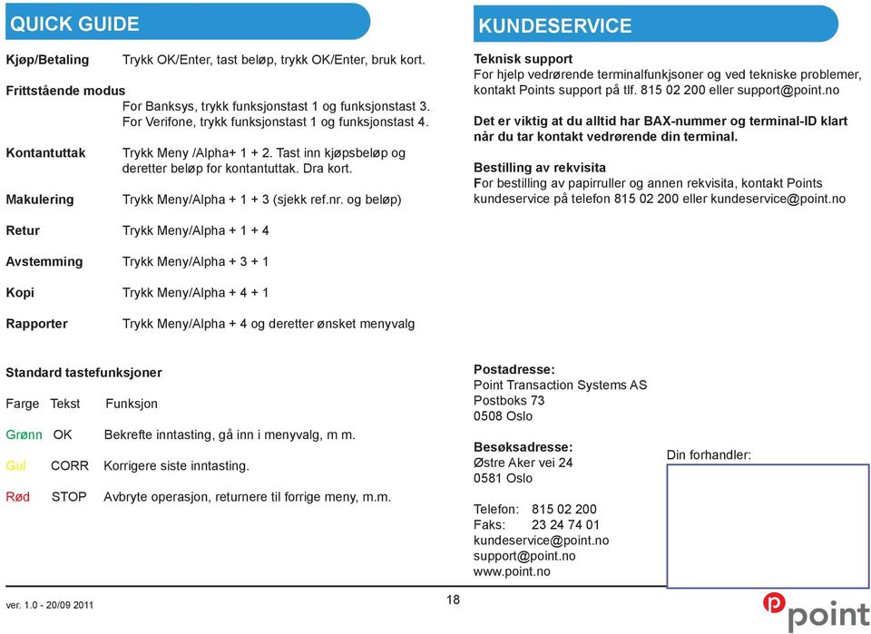 Trykk Meny/Alpha + 1 + 3 (sjekk ref.nr. og beløp) KUNDESERVICE Teknisk support For hjelp vedrørende terminalfunkjsoner og ved tekniske problemer, kontakt Points support på tlf.