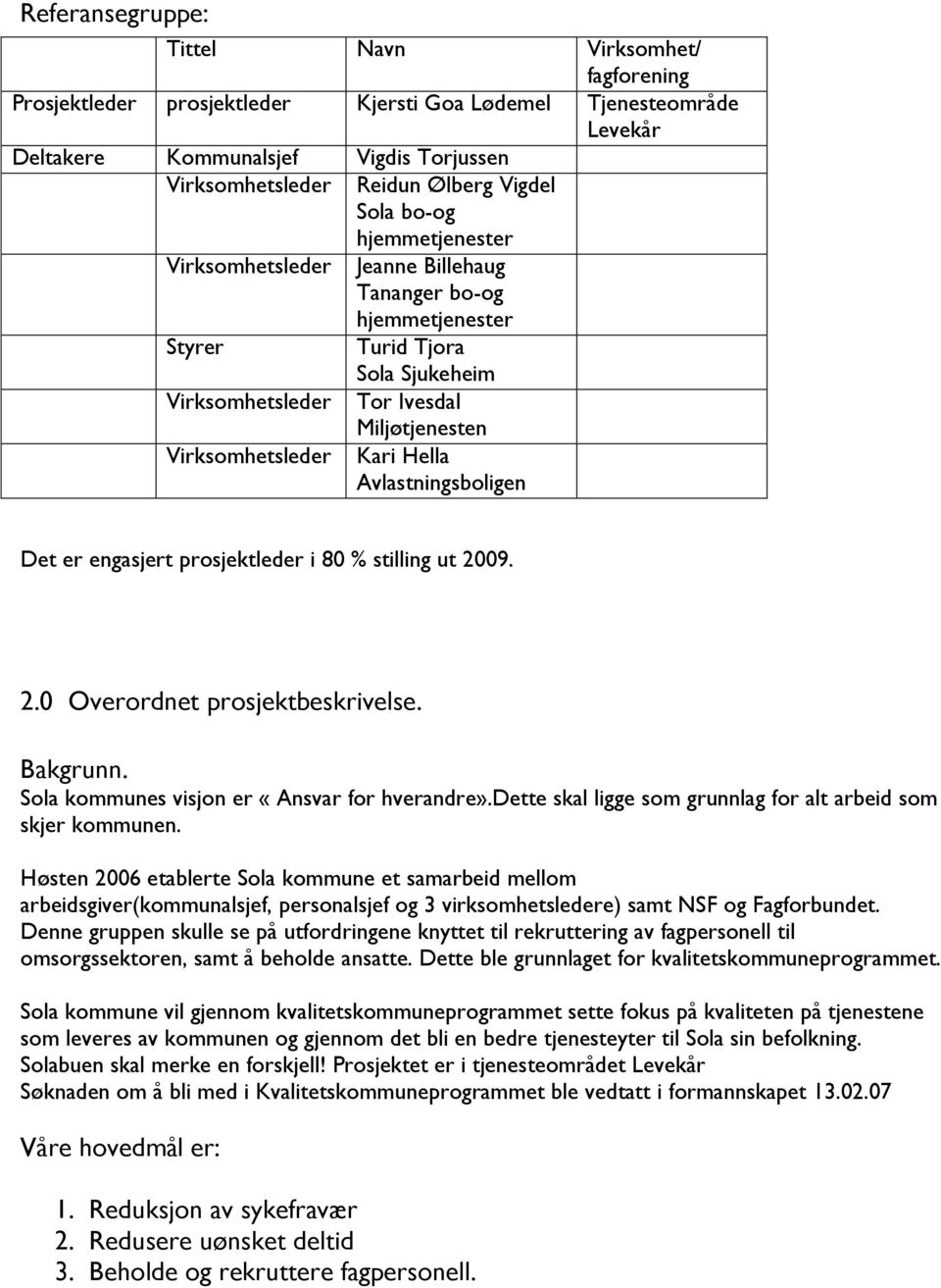 Hella Avlastningsboligen Det er engasjert prosjektleder i 80 % stilling ut 2009. 2.0 Overordnet prosjektbeskrivelse. Bakgrunn. Sola kommunes visjon er «Ansvar for hverandre».