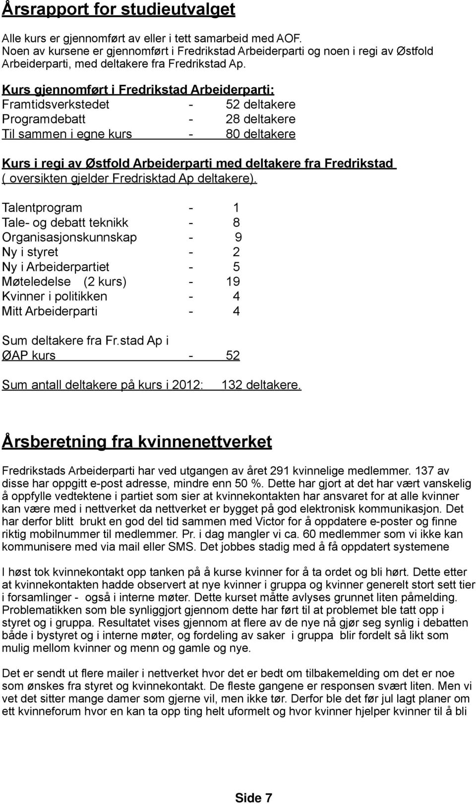 Kurs gjennomført i Fredrikstad Arbeiderparti: Framtidsverkstedet - 52 deltakere Programdebatt - 28 deltakere Til sammen i egne kurs - 80 deltakere Kurs i regi av Østfold Arbeiderparti med deltakere