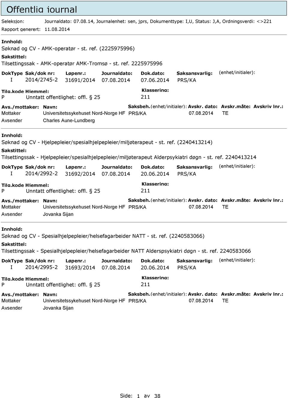 2014 Mottaker Universitetssykehuset Nord-Norge HF TE Avsender Charles Aune-Lundberg nnhold: 2014/2992-2 31692/2014 20.06.