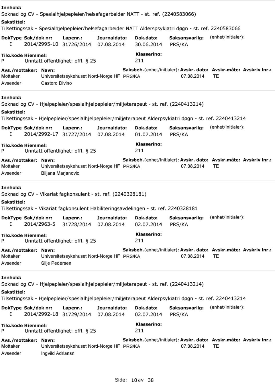 2014 Mottaker Universitetssykehuset Nord-Norge HF TE Avsender Biljana Marjanovic nnhold: Søknad og CV - Vikariat fagkonsulent - st. ref.