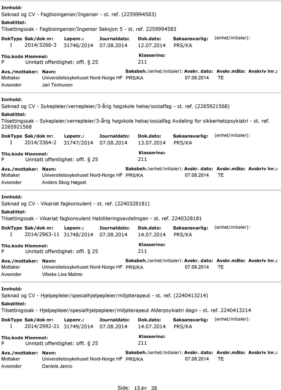 (2265921568) Tilsettingssak - Sykepleier/vernepleier/3-årig høgskole helse/sosialfag Avdeling for sikkerhetspsykiatri - st. ref. 2265921568 2014/3364-2 31747/2014 13.07.