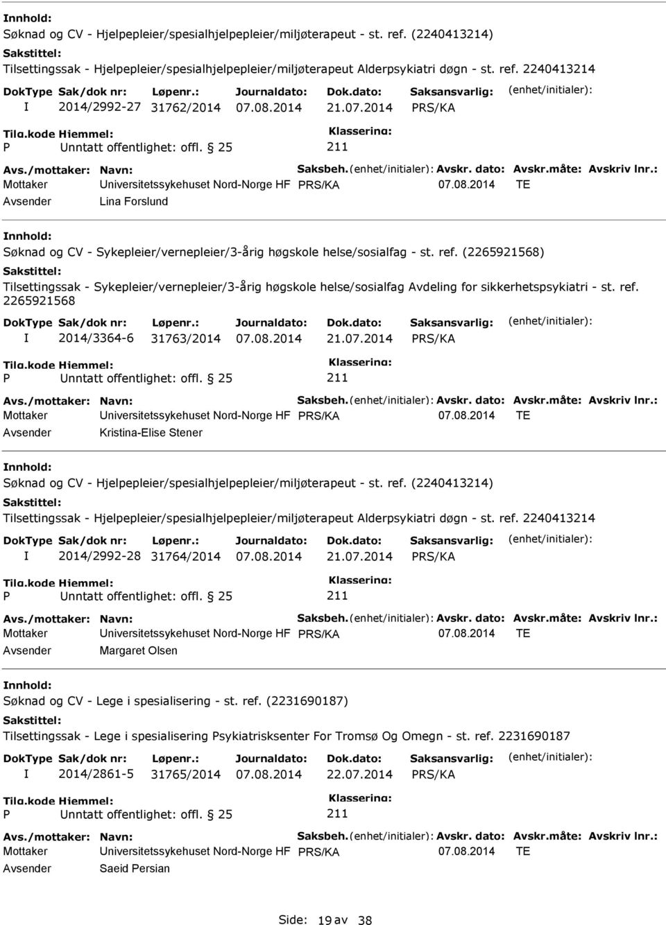 2014 Mottaker Universitetssykehuset Nord-Norge HF TE Avsender Kristina-Elise Stener nnhold: 2014/2992-28 31764/2014 21.07.