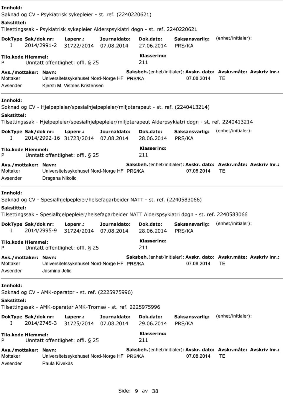 2014 Mottaker Universitetssykehuset Nord-Norge HF TE Avsender Dragana Nikolic nnhold: Søknad og CV - Spesialhjelpepleier/helsefagarbeider NATT - st. ref.