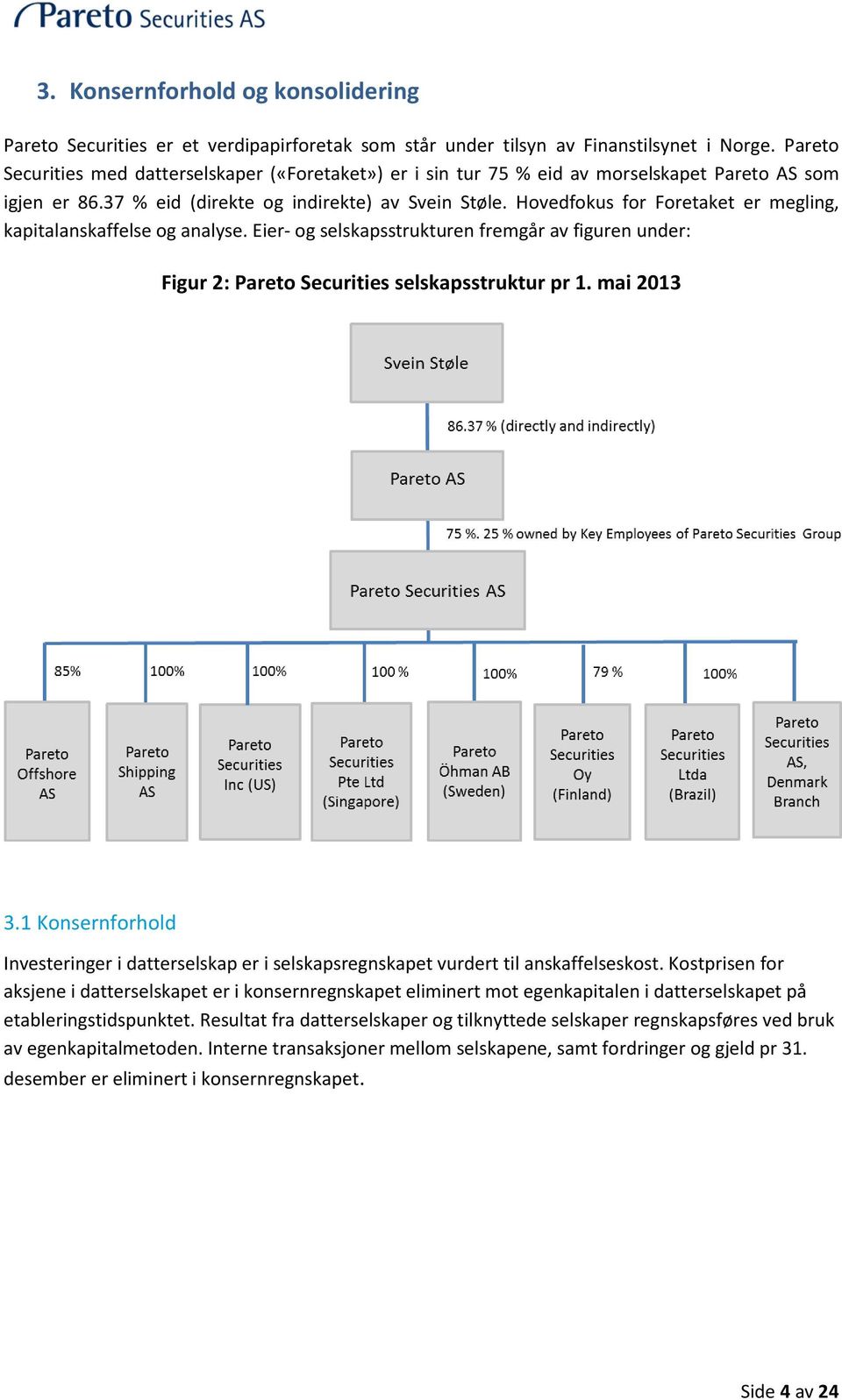 Hovedfokus for Foretaket er megling, kapitalanskaffelse og analyse. Eier- og selskapsstrukturen fremgår av figuren under: Figur 2: Pareto Securities selskapsstruktur pr 1. mai 2013 3.