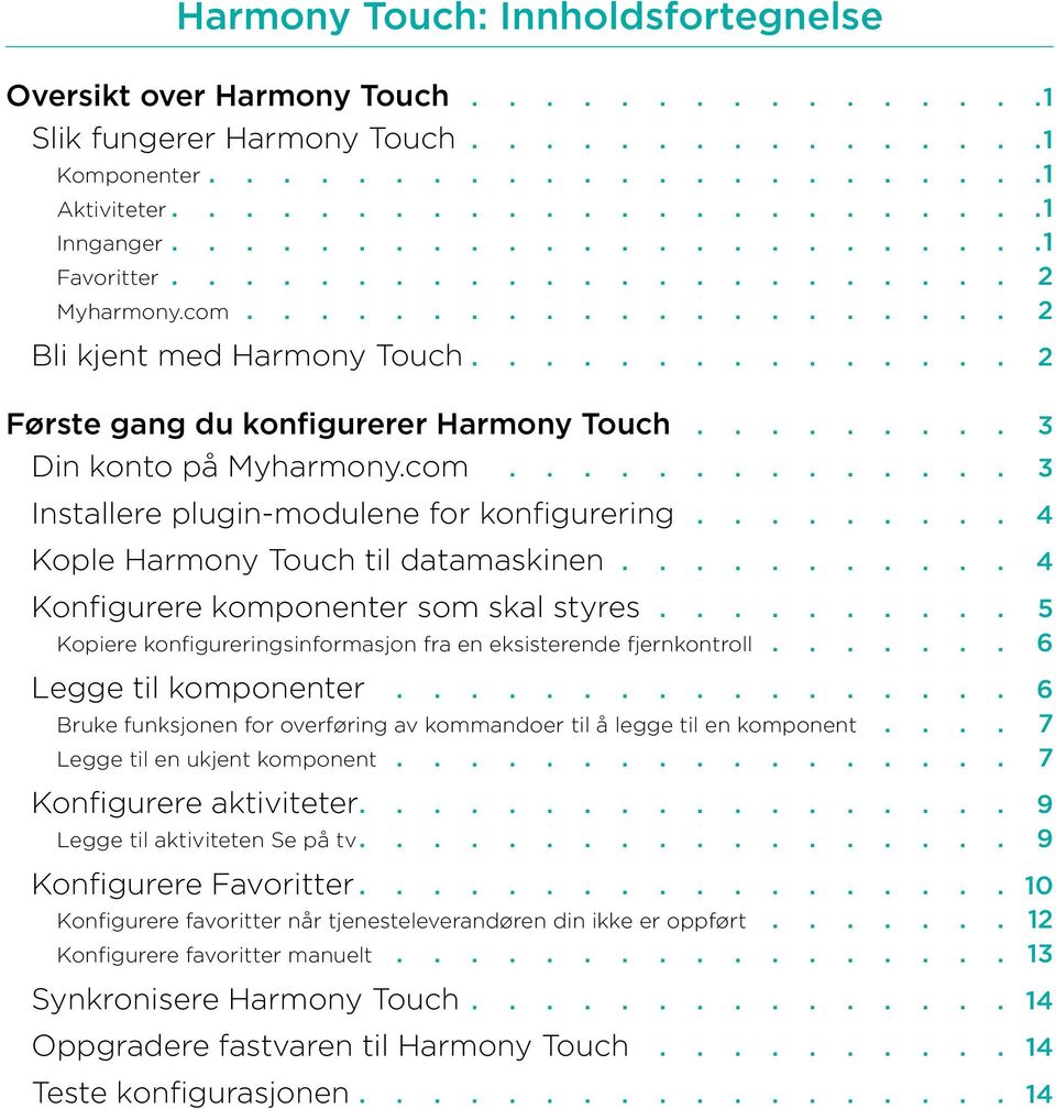 com 3 Installere plugin-modulene for konfigurering 4 Kople Harmony Touch til datamaskinen 4 Konfigurere komponenter som skal styres 5 Kopiere konfigureringsinformasjon fra en eksisterende