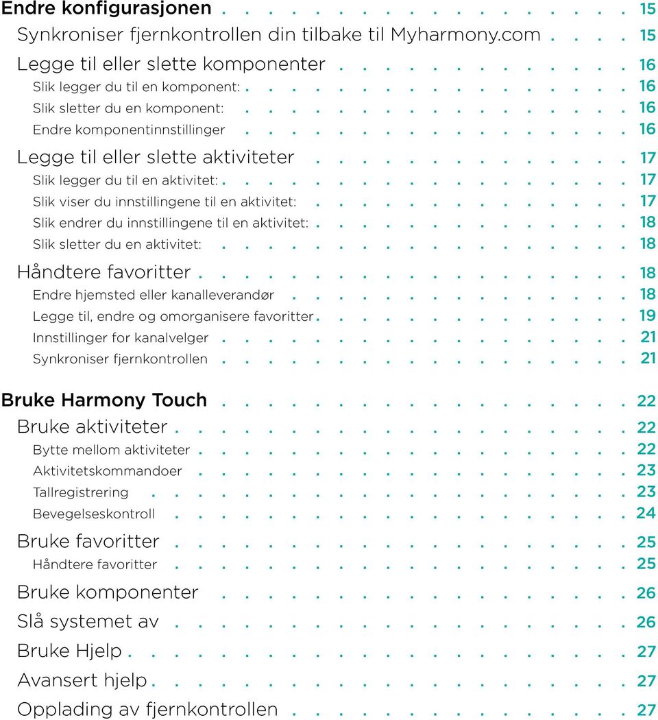 til en aktivitet: 17 Slik viser du innstillingene til en aktivitet: 17 Slik endrer du innstillingene til en aktivitet: 18 Slik sletter du en aktivitet: 18 Håndtere favoritter 18 Endre hjemsted eller