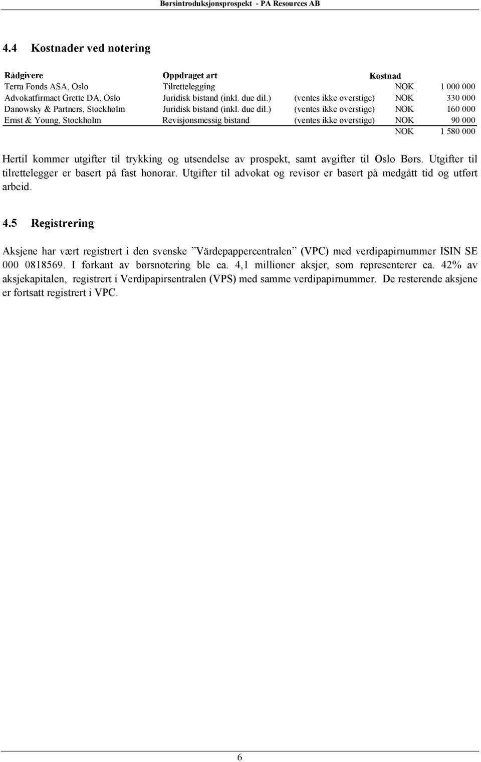 ) (ventes ikke overstige) NOK 160 000 Ernst & Young, Stockholm Revisjonsmessig bistand (ventes ikke overstige) NOK 90 000 NOK 1 580 000 Hertil kommer utgifter til trykking og utsendelse av prospekt,