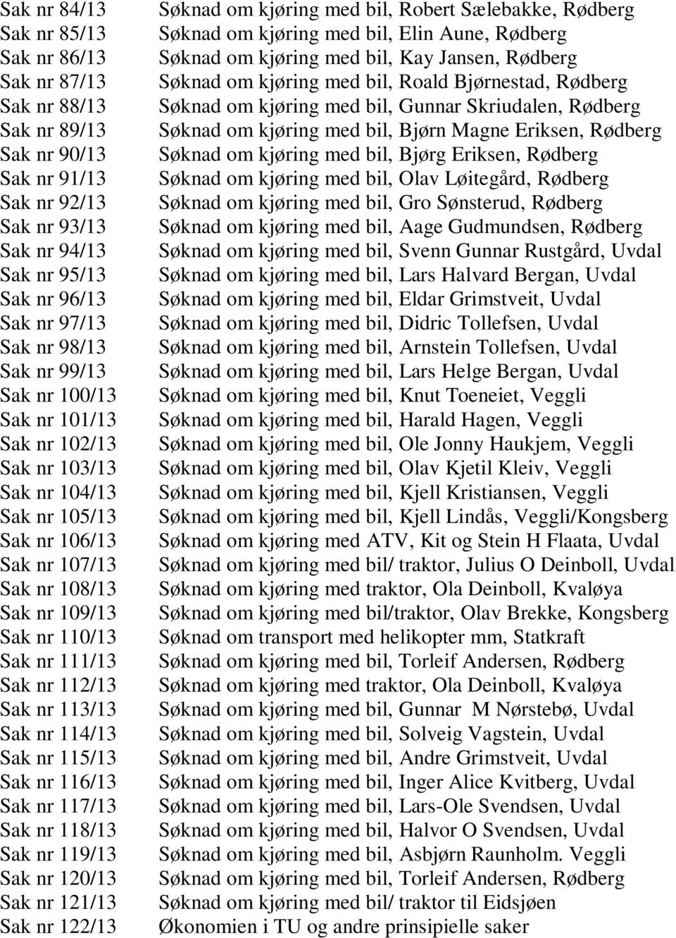 113/13 Sak nr 114/13 Sak nr 115/13 Sak nr 116/13 Sak nr 117/13 Sak nr 118/13 Sak nr 119/13 Sak nr 120/13 Sak nr 121/13 Sak nr 122/13 Søknad om kjøring med bil, Robert Sælebakke, Rødberg Søknad om