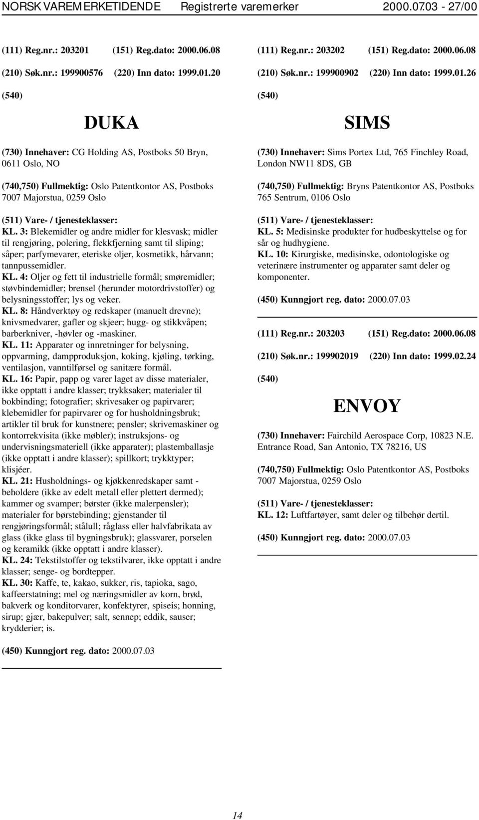 26 DUKA SIMS (730) Innehaver: CG Holding AS, Postboks 50 Bryn, 0611 Oslo, NO (740,750) Fullmektig: Oslo Patentkontor AS, Postboks 7007 Majorstua, 0259 Oslo KL.