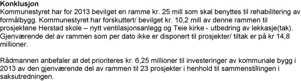 10,2 mill av denne rammen til prosjektene Herstad skole nytt ventilasjonsanlegg og Teie kirke - utbedring av lekkasje(tak).