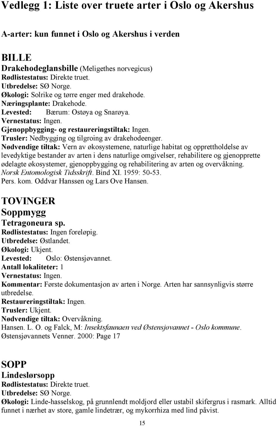 ødelagte økosystemer, gjenoppbygging og rehabilitering av arten og overvåkning. Norsk Entomologisk Tidsskrift. Bind XI. 1959: 50-53. Pers. kom. Oddvar Hanssen og Lars Ove Hansen.