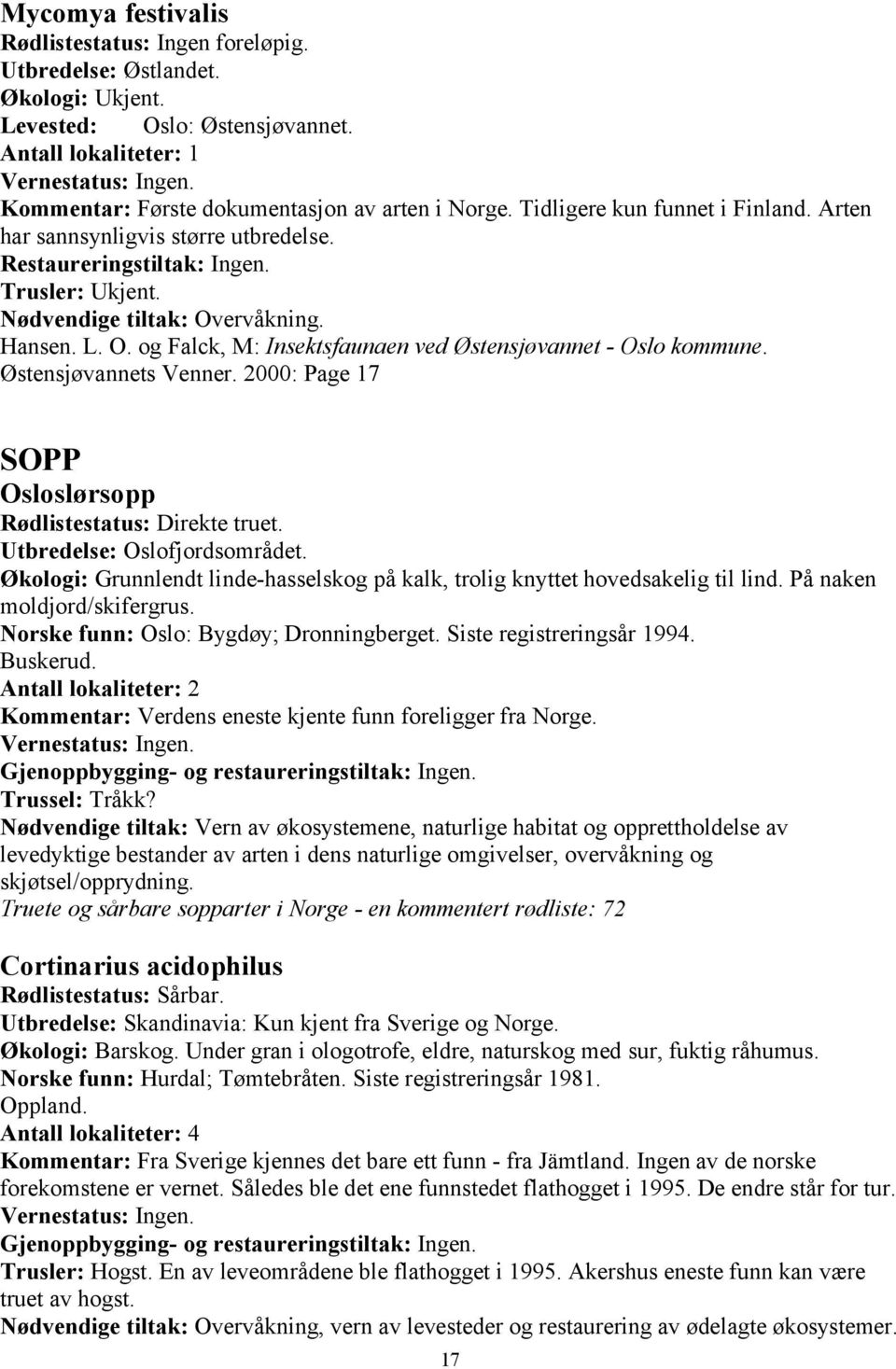 ervåkning. Hansen. L. O. og Falck, M: Insektsfaunaen ved Østensjøvannet - Oslo kommune. Østensjøvannets Venner. 2000: Page 17 SOPP Osloslørsopp Rødlistestatus: Direkte truet.