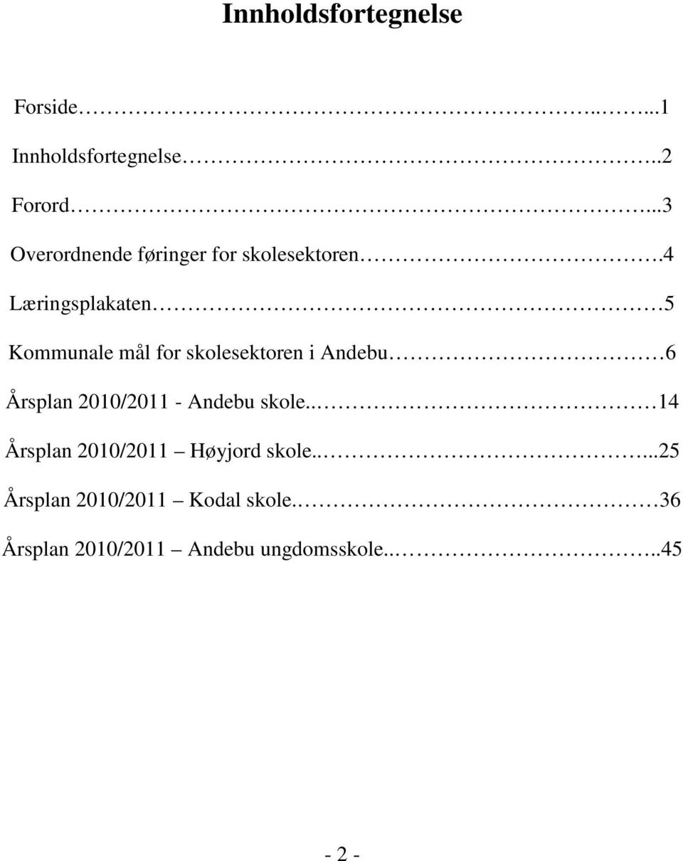 4 Læringsplakaten 5 Kommunale mål for skolesektoren i Andebu 6 Årsplan 2010/2011 -