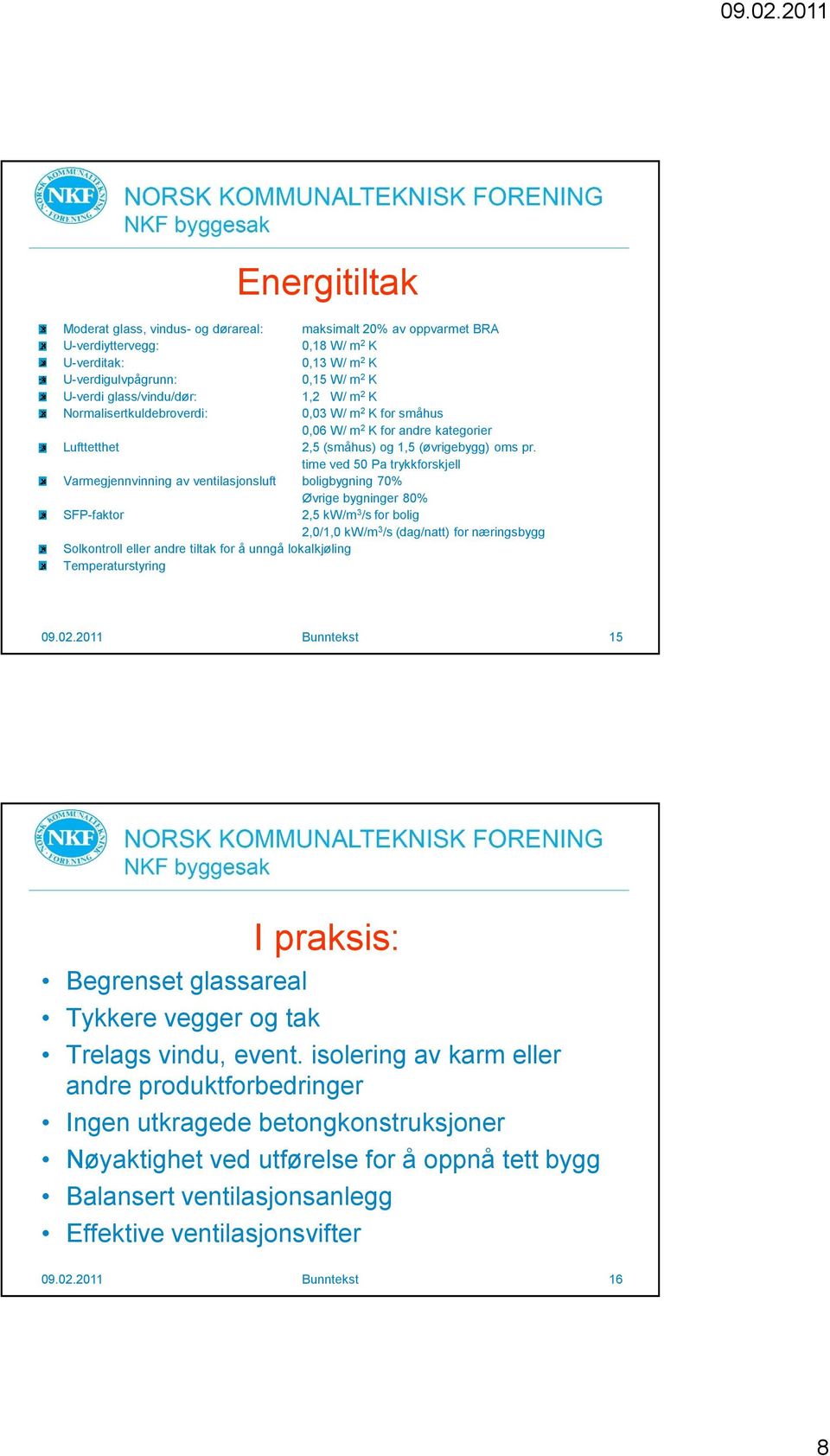 time ved 50 Pa trykkforskjell Varmegjennvinning av ventilasjonsluft boligbygning 70% Øvrige bygninger 80% SFP-faktor 2,5 kw/m 3 /s for bolig 2,0/1,0 kw/m 3 /s (dag/natt) for næringsbygg Solkontroll