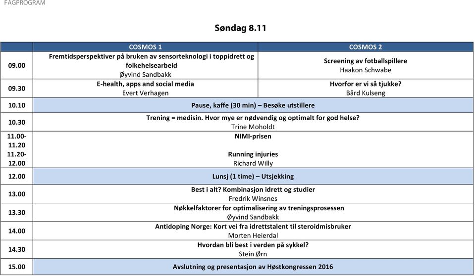 Trine Moholdt NIMI-prisen Running injuries Richard Willy 12.00 Lunsj (1 time) Utsjekking 13.00 13.30 14.00 14.30 Best i alt?