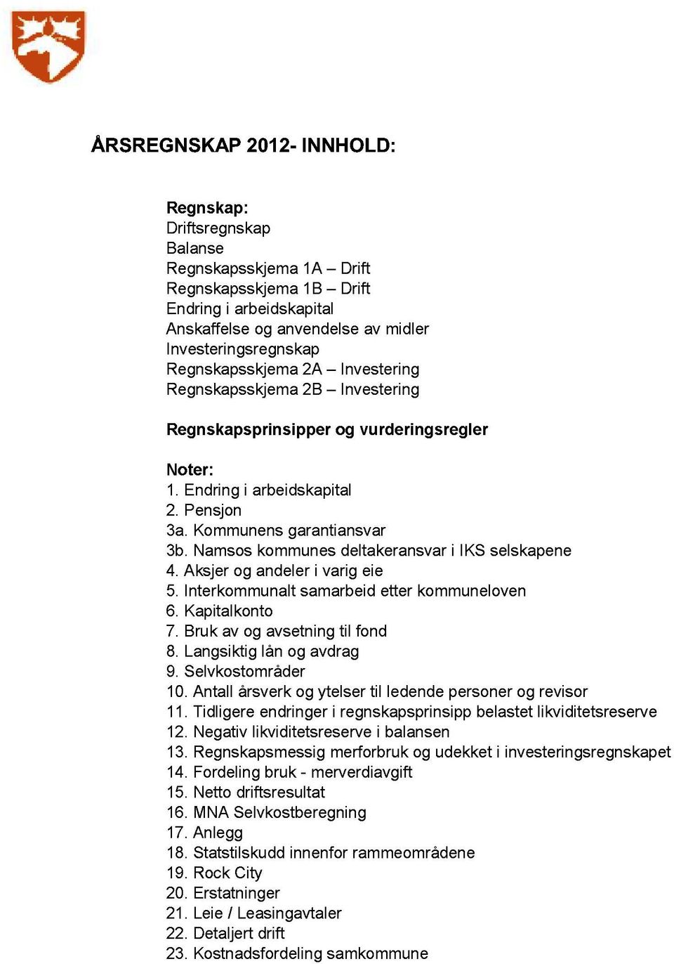 Namsos kommunes deltakeransvar i IKS selskapene 4. Aksjer og andeler i varig eie 5. Interkommunalt samarbeid etter kommuneloven 6. Kapitalkonto 7. Bruk av og avsetning til fond 8.