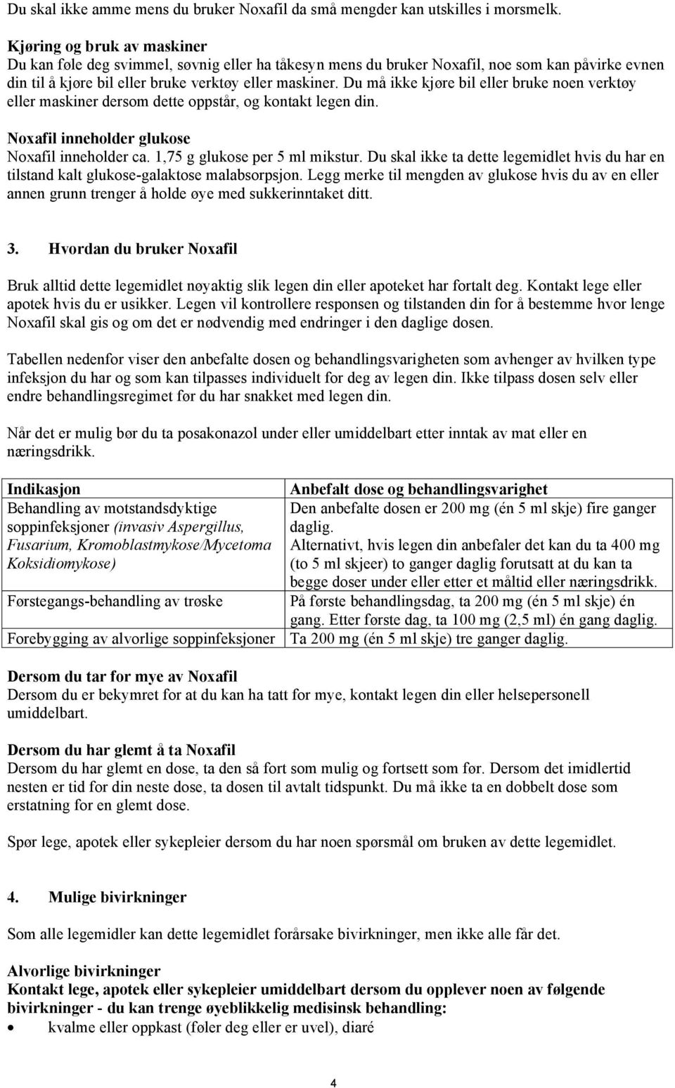 Du må ikke kjøre bil eller bruke noen verktøy eller maskiner dersom dette oppstår, og kontakt legen din. Noxafil inneholder glukose Noxafil inneholder ca. 1,75 g glukose per 5 ml mikstur.