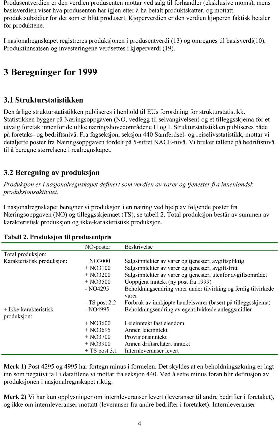 I nasjonalregnskapet registreres produksjonen i produsentverdi (13) og omregnes til basisverdi(10). Produktinnsatsen og investeringene verdsettes i kjøperverdi (19). 3 Beregninger for 1999 3.