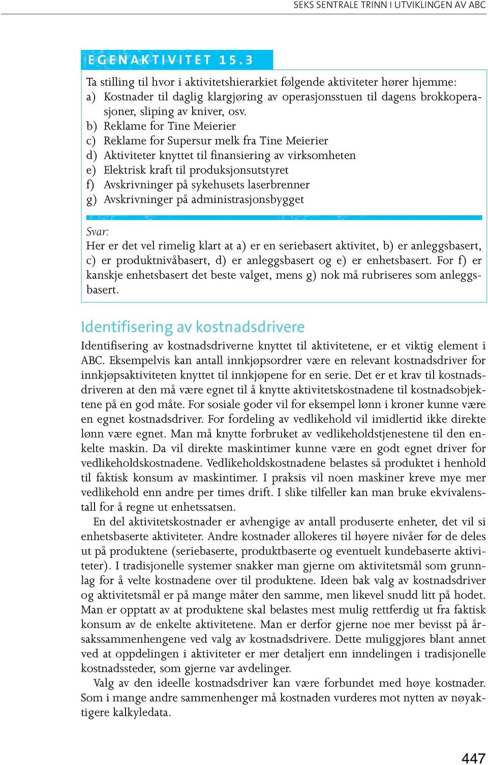 b) Reklame for Tine Meierier c) Reklame for Supersur melk fra Tine Meierier d) Aktiviteter knyttet til finansiering av virksomheten e) Elektrisk kraft til produksjonsutstyret f) Avskrivninger på