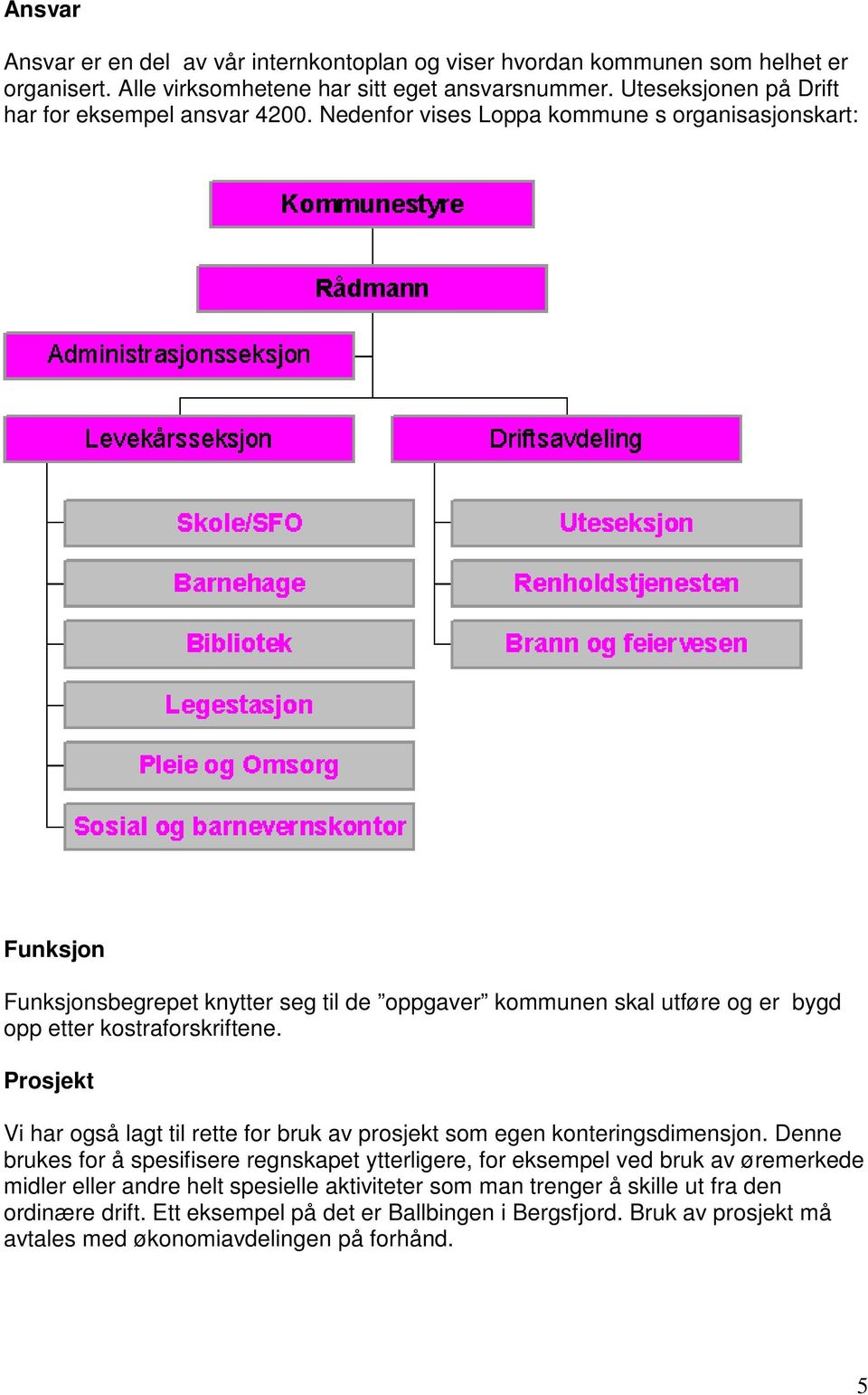 Nedenfor vises Loppa kommune s organisasjonskart: Funksjon Funksjonsbegrepet knytter seg til de oppgaver kommunen skal utføre og er bygd opp etter kostraforskriftene.