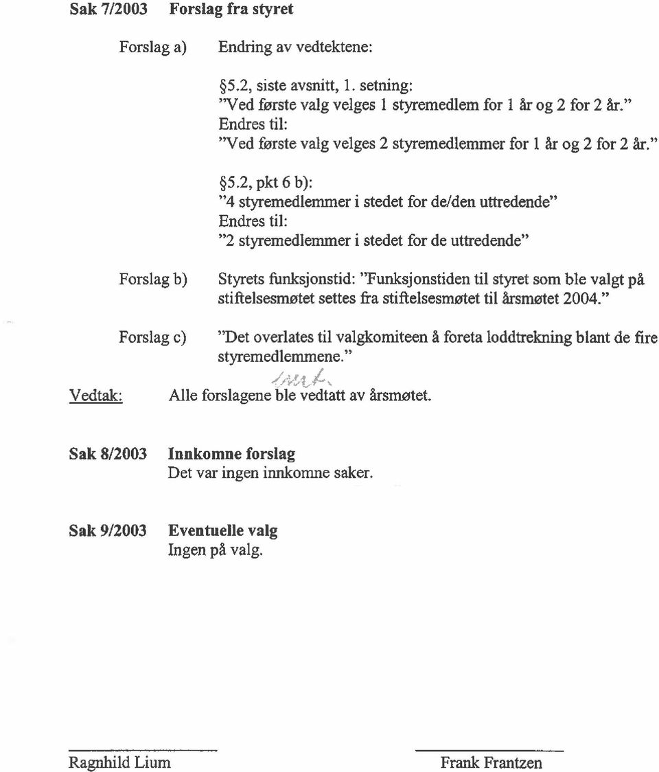 2, pkt 6 b): 4 styremedlemmer i stedet for de/den uttredende Endres til: 2 styremedlemmer i stedet for de uttredende Forslag b) Forslag c) Styrets firnksjonstid: Funksjonstiden til styret