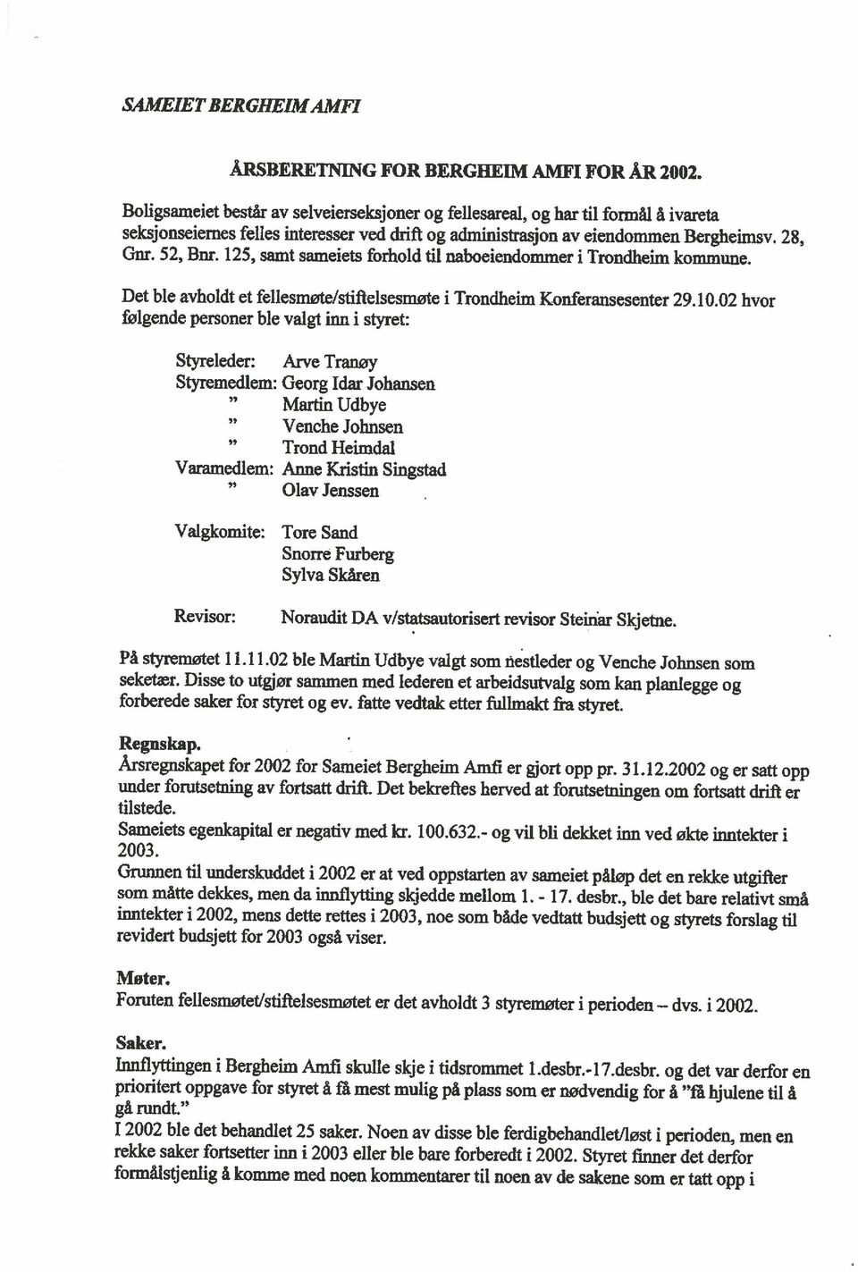 125, samt sameiets forhold til naboeiendommer i Trondheim kommune. Det ble avholdt et fellesmøte/stiftelsesmøte i Trondheim Konferansesenter 29.10.