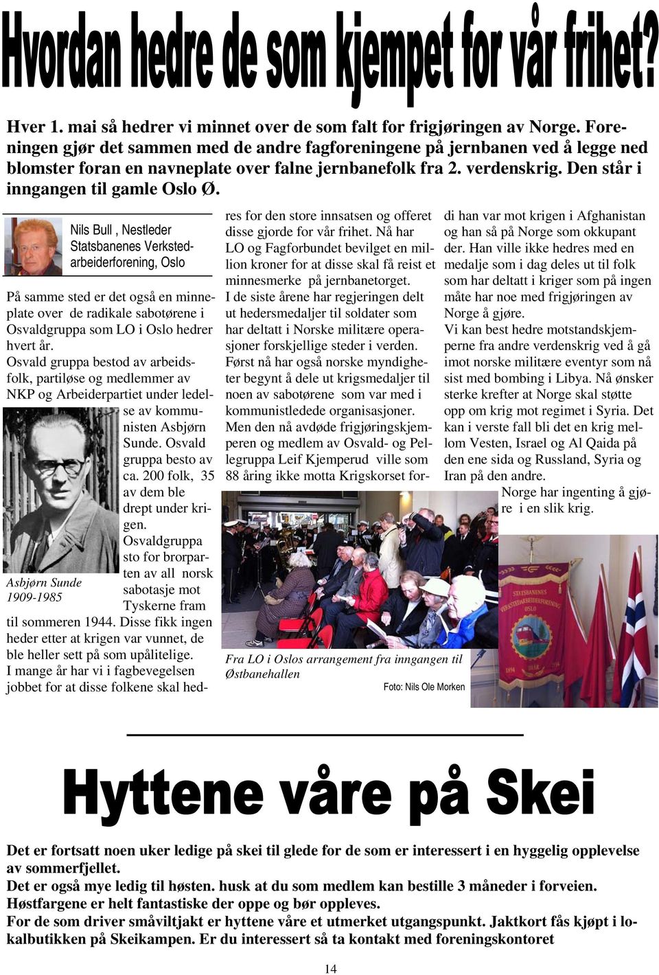 Asbjørn Sunde 1909-1985 Nils Bull, Nestleder Statsbanenes Verkstedarbeiderforening, Oslo På samme sted er det også en minneplate over de radikale sabotørene i Osvaldgruppa som LO i Oslo hedrer hvert