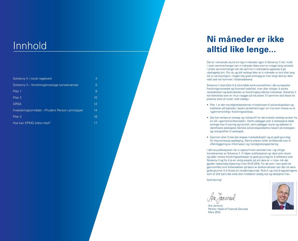 17 Det er i skrivende stund om lag ni måneder igjen til Solvency II trer i kraft. I noen sammenhenger kan ni måneder føles som en meget lang ventetid.