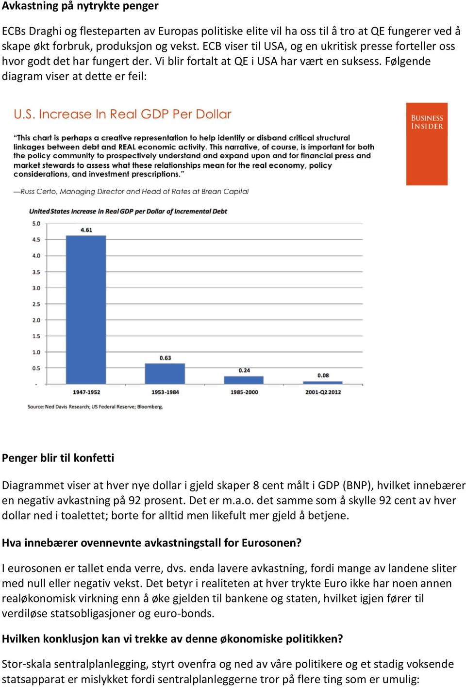 Følgende diagram viser at dette er feil: Penger blir til konfetti Diagrammet viser at hver nye dollar i gjeld skaper 8 cent målt i GDP (BNP), hvilket innebærer en negativ avkastning på 92 prosent.