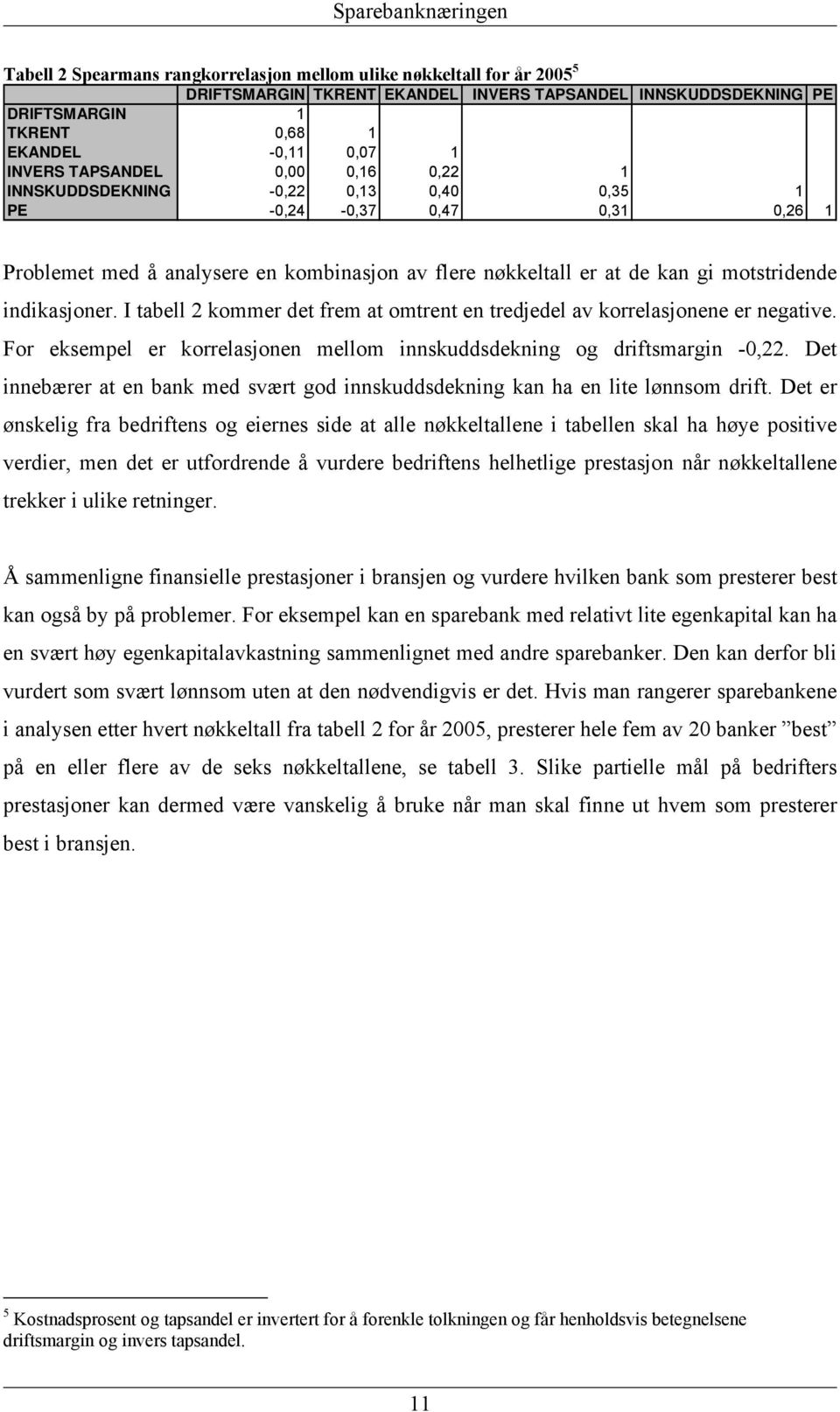 motstridende indikasjoner. I tabell 2 kommer det frem at omtrent en tredjedel av korrelasjonene er negative. For eksempel er korrelasjonen mellom innskuddsdekning og driftsmargin -0,22.