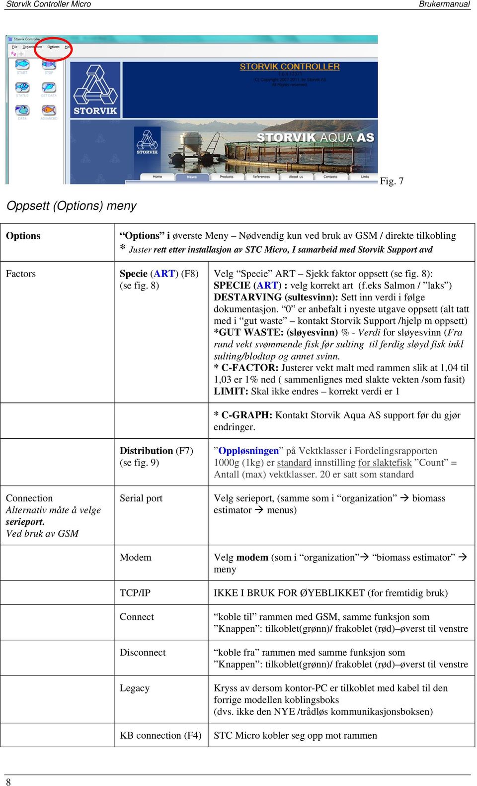 9) Serial port Modem TCP/IP Connect Disconnect Legacy KB connection (F4) Velg Specie ART Sjekk faktor oppsett (se fig. 8): SPECIE (ART) : velg korrekt art (f.