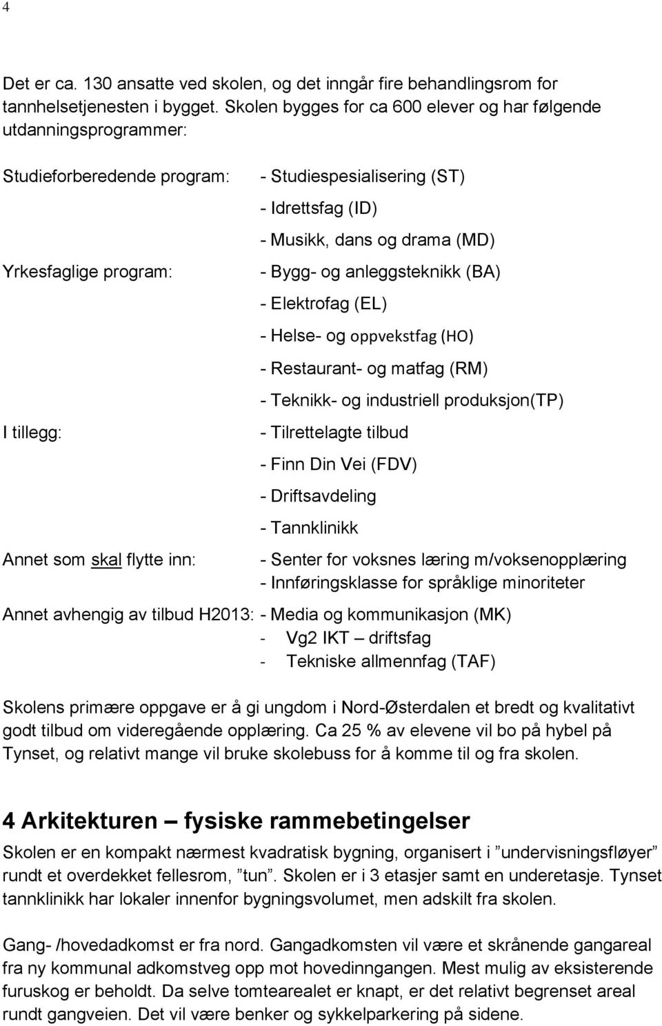 (ID) - Musikk, dans og drama (MD) - Bygg- og anleggsteknikk (BA) - Elektrofag (EL) - Helse- og oppvekstfag (HO) - Restaurant- og matfag (RM) - Teknikk- og industriell produksjon(tp) - Tilrettelagte