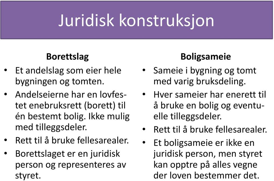 Rett til å bruke fellesarealer. et er en juridisk person og representeres av styret.