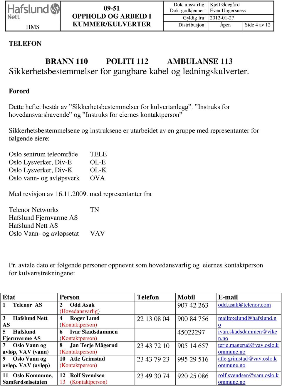 Instruks for hovedansvarshavende og Instruks for eiernes kontaktperson Sikkerhetsbestemmelsene og instruksene er utarbeidet av en gruppe med representanter for følgende eiere: Oslo sentrum teleområde