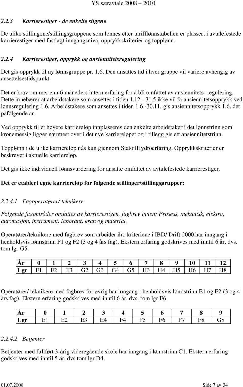 Den ansattes tid i hver gruppe vil variere avhengig av ansettelsestidspunkt. Det er krav om mer enn 6 måneders intern erfaring for å bli omfattet av ansiennitets- regulering.