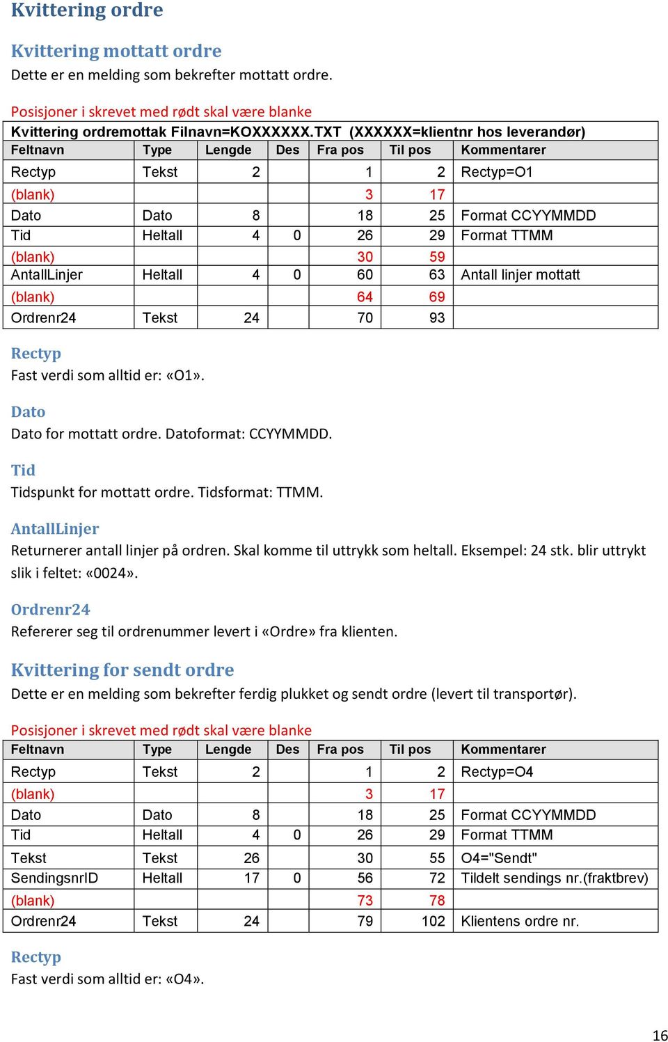 59 AntallLinjer Heltall 4 0 60 63 Antall linjer mottatt (blank) 64 69 Ordrenr24 Tekst 24 70 93 Fast verdi som alltid er: «O1». Dato Dato for mottatt ordre. Datoformat: CCYYMMDD.