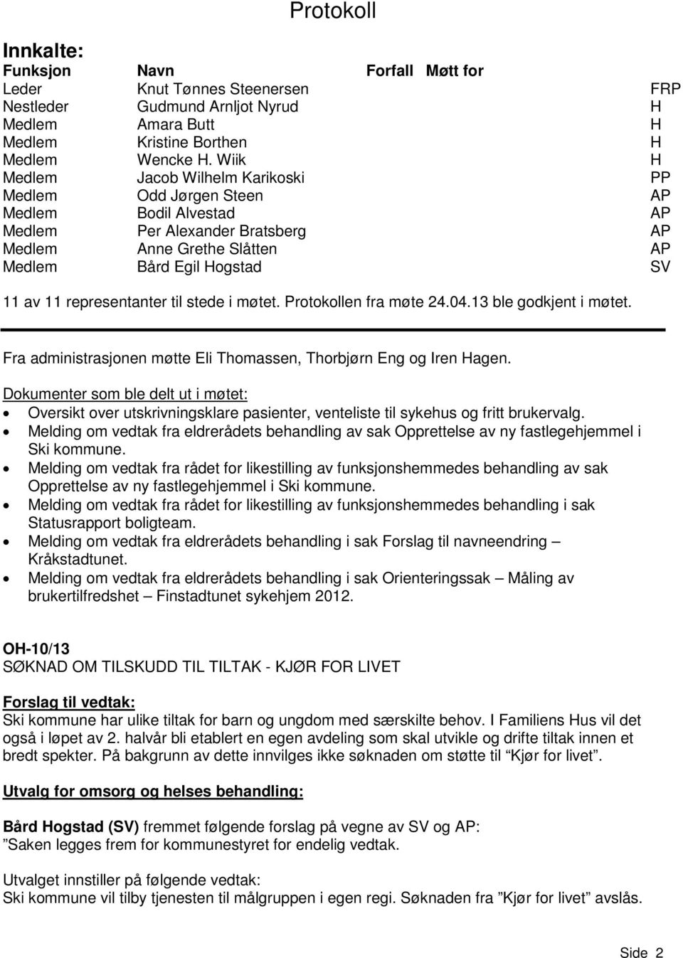 representanter til stede i møtet. Protokollen fra møte 24.04.13 ble godkjent i møtet. Fra administrasjonen møtte Eli Thomassen, Thorbjørn Eng og Iren Hagen.