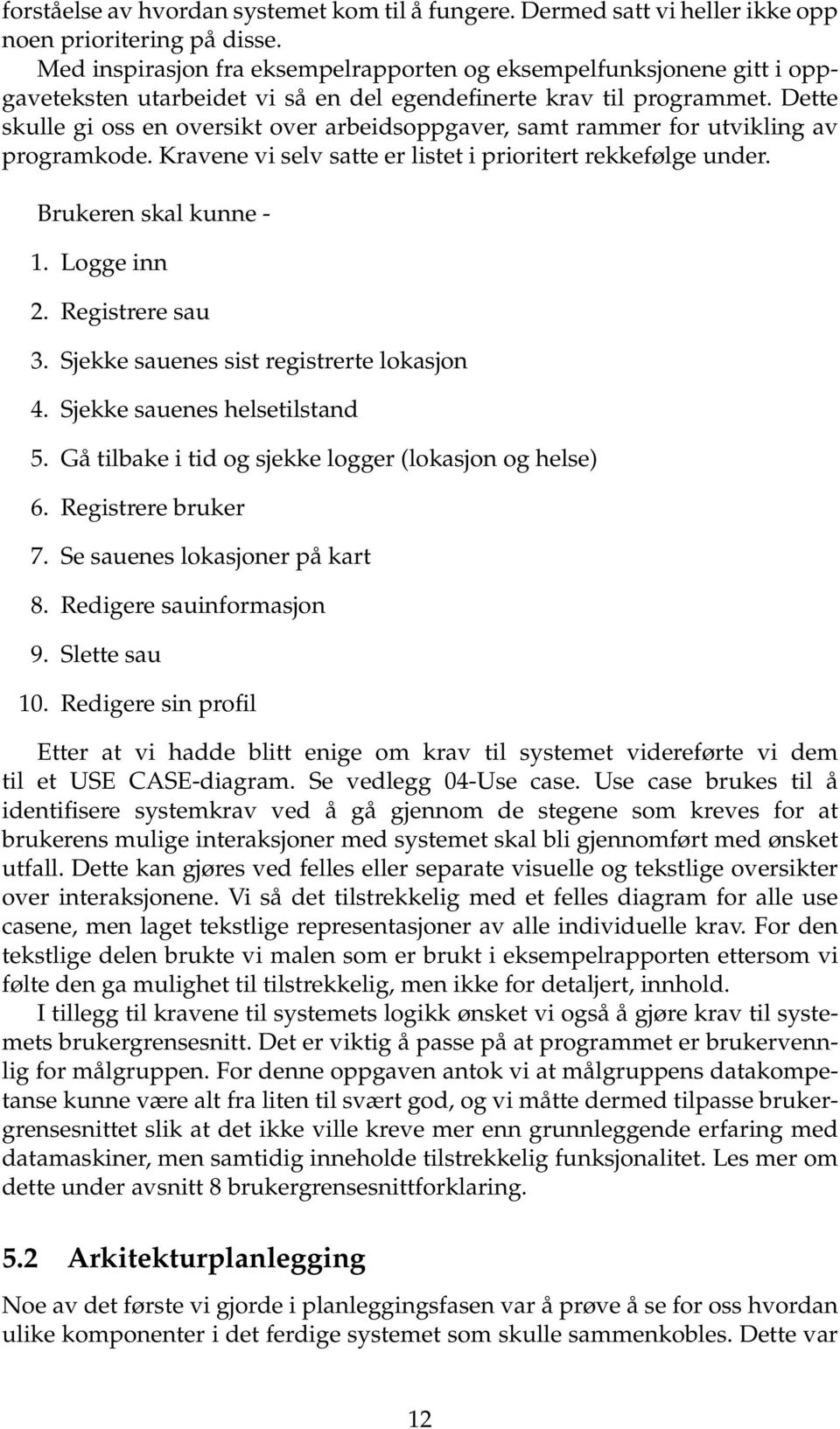 Dette skulle gi oss en oversikt over arbeidsoppgaver, samt rammer for utvikling av programkode. Kravene vi selv satte er listet i prioritert rekkefølge under. Brukeren skal kunne - 1. Logge inn 2.