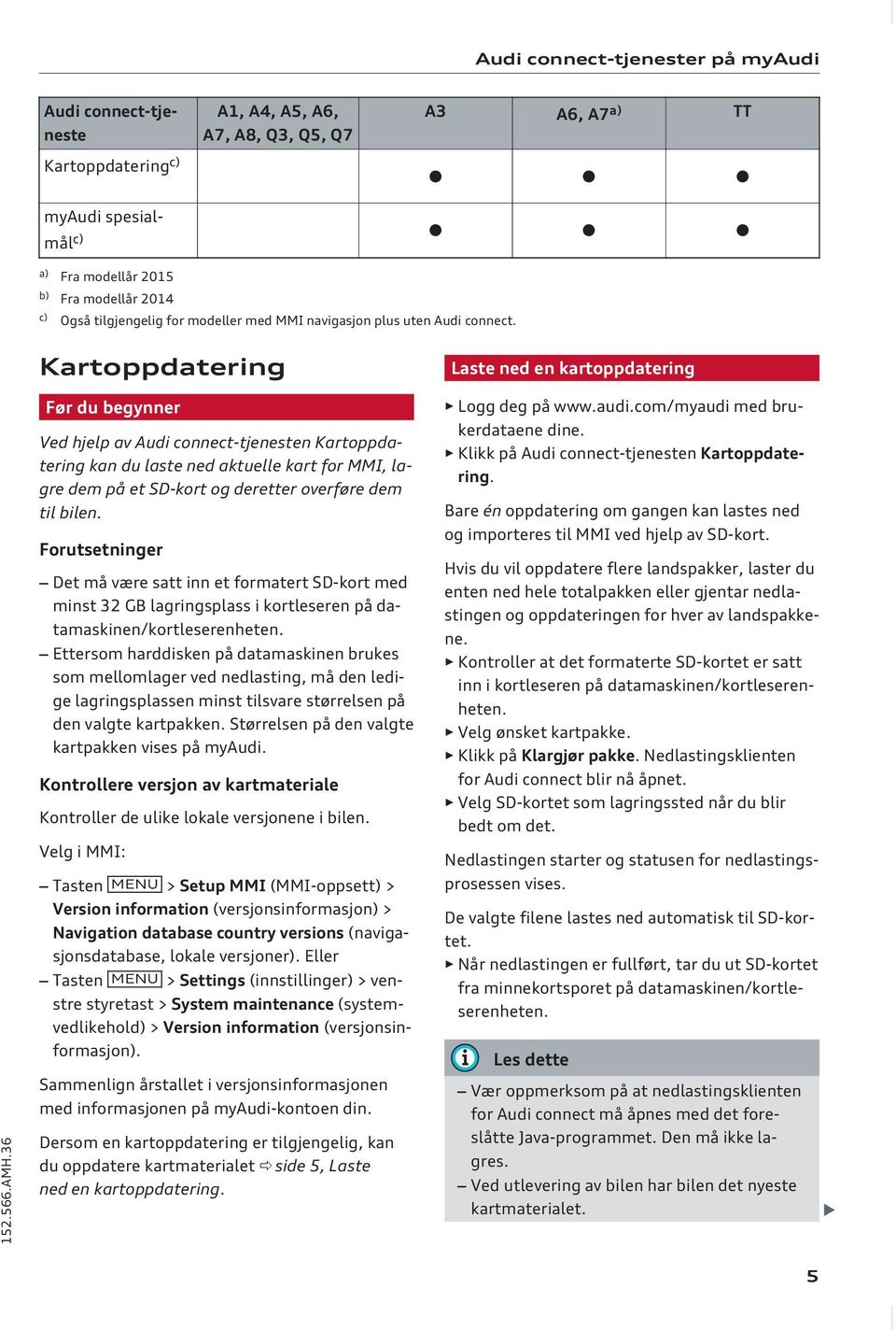 36 Kartoppdatering Før du begynner Ved hjelp av Audi connect-tjenesten Kartoppdatering kan du laste ned aktuelle kart for MMI, lagre dem på et SD-kort og deretter overføre dem til bilen.