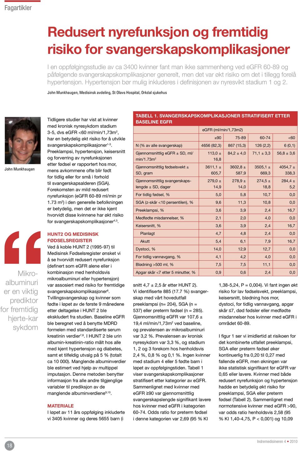 John Munkhaugen, Medisinsk avdeling, St Olavs Hospital, Orkdal sjukehus John Munkhaugen Mikroalbuminuri er en viktig prediktor for fremtidig hjerte-kar sykdom Tidligere studier har vist at kvinner