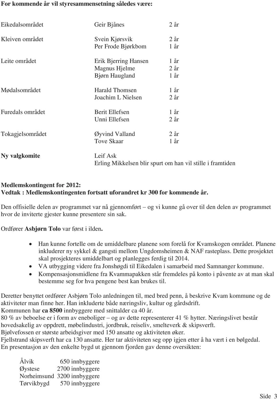 valgkomite Leif Ask Erling Mikkelsen blir spurt om han vil stille i framtiden Medlemskontingent for 2012: Vedtak : Medlemskontingenten fortsatt uforandret kr 300 for kommende år.