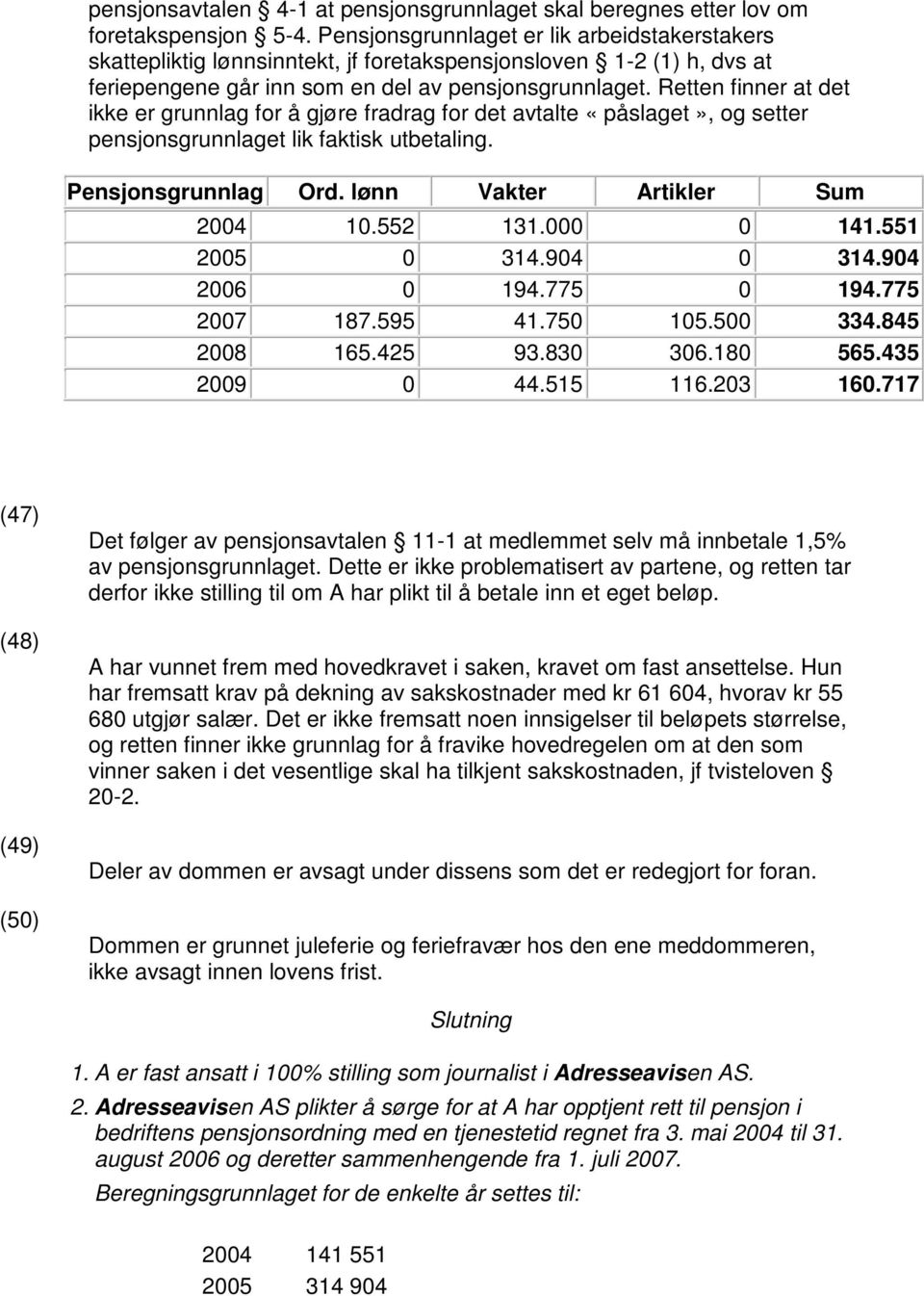 Retten finner at det ikke er grunnlag for å gjøre fradrag for det avtalte «påslaget», og setter pensjonsgrunnlaget lik faktisk utbetaling. Pensjonsgrunnlag Ord. lønn Vakter Artikler Sum 2004 10.