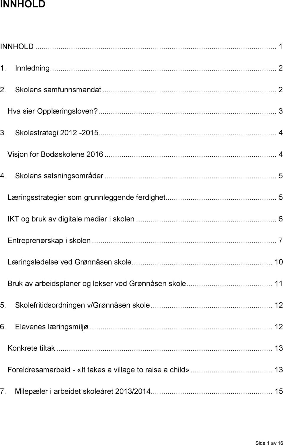 .. 7 Læringsledelse ved Grønnåsen skole... 10 Bruk av arbeidsplaner og lekser ved Grønnåsen skole... 11 5. Skolefritidsordningen v/grønnåsen skole... 12 6.