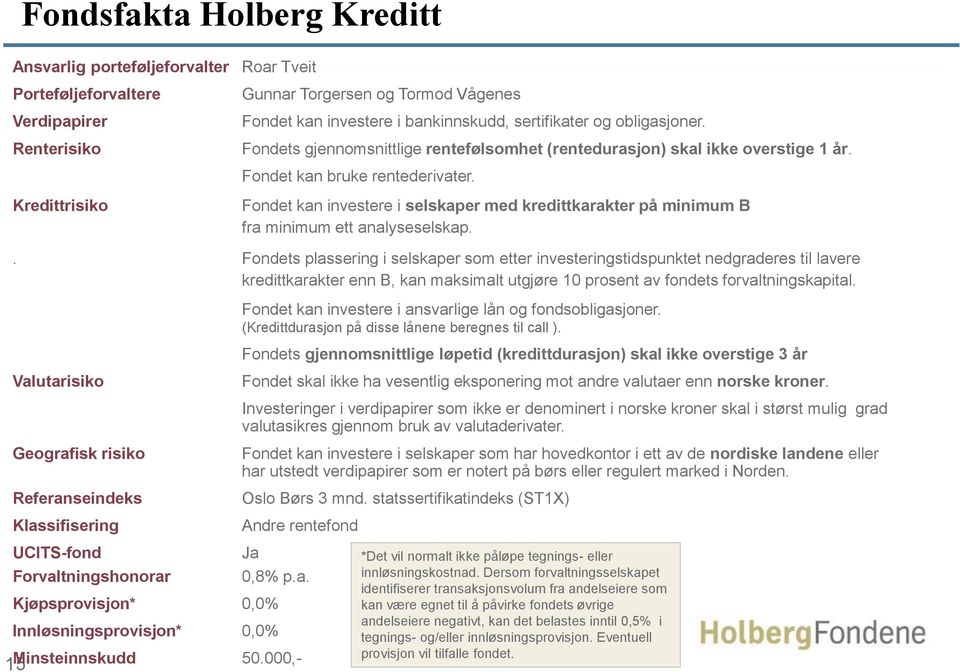 Kredittrisiko Fondet kan investere i selskaper med kredittkarakter på minimum B fra minimum ett analyseselskap.