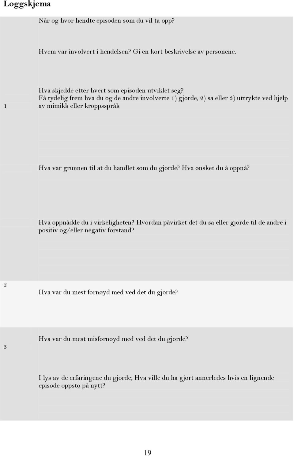 Få tydelig frem hva du og de andre involverte 1) gjorde, 2) sa eller 3) uttrykte ved hjelp av mimikk eller kroppsspråk Hva var grunnen til at du handlet som du gjorde?