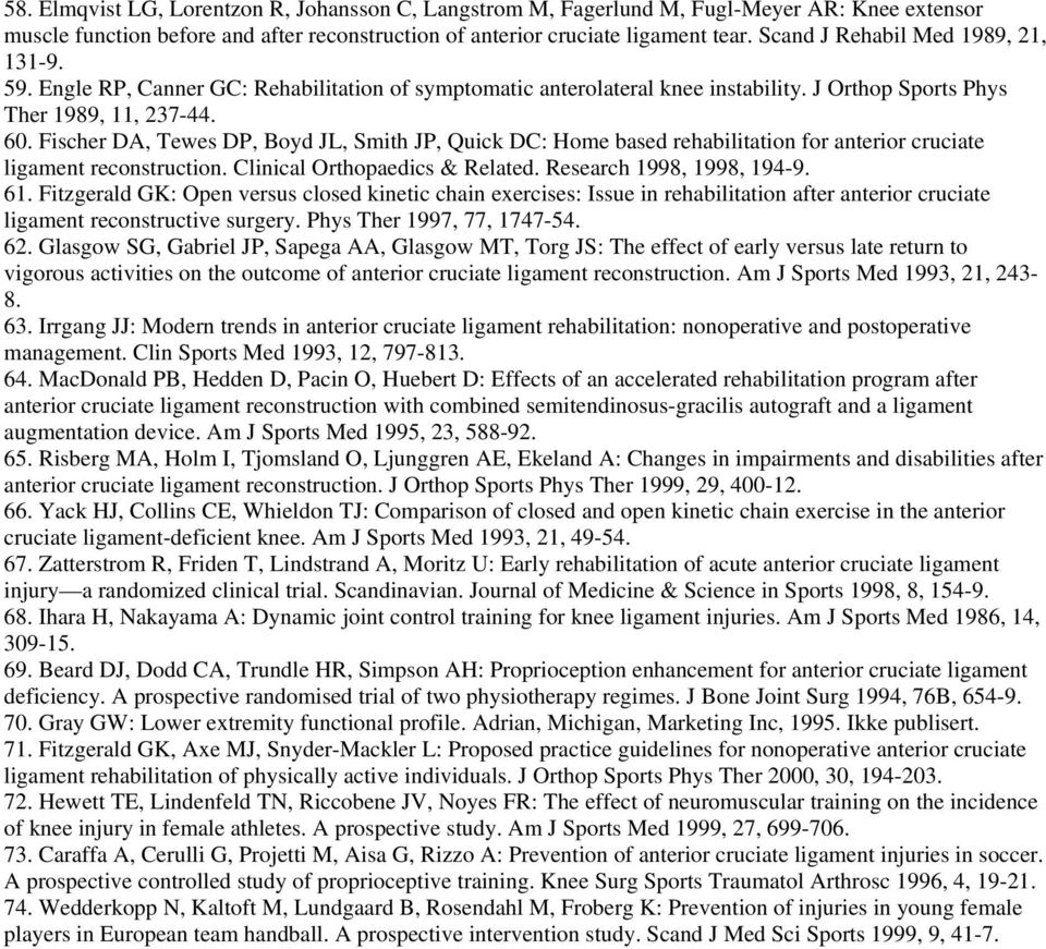 Fischer DA, Tewes DP, Boyd JL, Smith JP, Quick DC: Home based rehabilitation for anterior cruciate ligament reconstruction. Clinical Orthopaedics & Related. Research 1998, 1998, 194-9. 61.