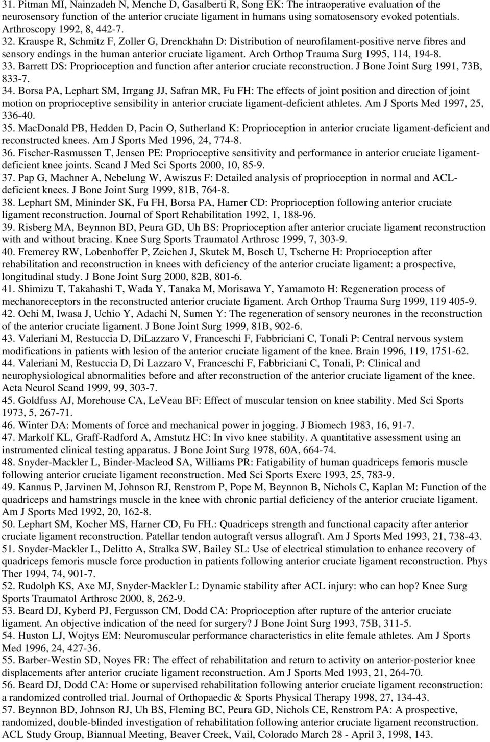 Krauspe R, Schmitz F, Zoller G, Drenckhahn D: Distribution of neurofilament-positive nerve fibres and sensory endings in the human anterior cruciate ligament. Arch Orthop Trauma Surg 1995, 114, 194-8.